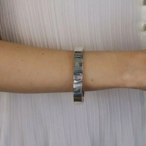 Sterling Silver Abalone Square Bangle Bracelet 7" inch Square 2 3/8" Diameter - Picture 2 of 7